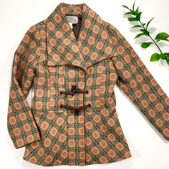 Nick & Mo Retro/Vintage-Look Orange & Brown Woven Coat with Toggles - Picture 1 of 7